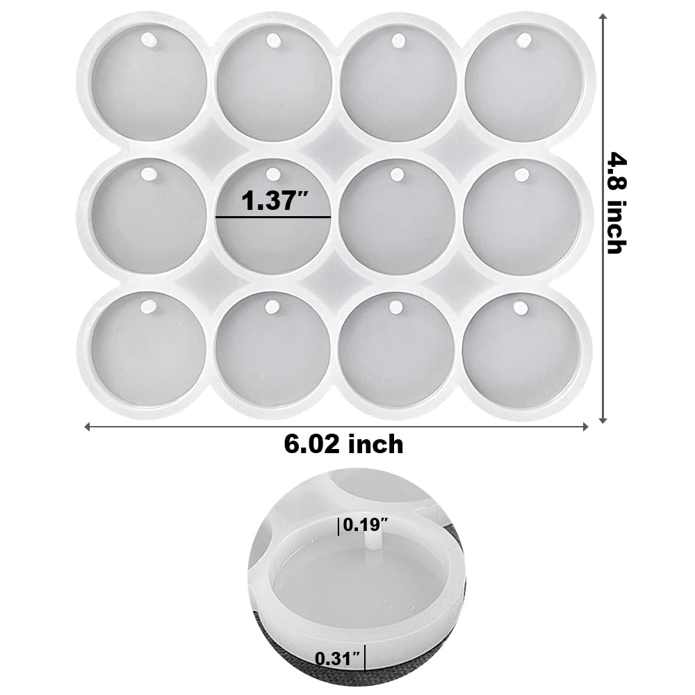 RESINWORLD 12-Cavity 1.37'' Shiny Flat Circle Silicone Mold with Hole, Round Keychain Mold, Pendant/Earrings Mold, Pet Tag Resin Casting Mold ResinWorld