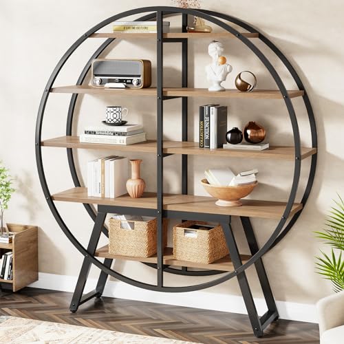 Tribesigns 67-Inch Industrial Round Etagere Bookshelf - 5-Tier Oak and Metal Display Stand Tribesigns