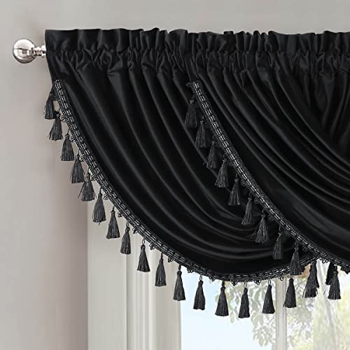 Royal Hotel Bedding Velvet Waterfall Valance, 1 Single Waterfall Valance, Top Rod Pocket Heavyweight Velvet, Black, 57 inches Wide by 37 inches Long (Single) Royal Hotel Bedding