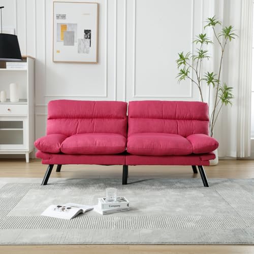WDYLWFHW Convertible Futon Sofa Bed, Linen Folding Loveseat Couch with Adjustable Backrest and Wooden Legs,Double Sleeper Sofa Couches for Small Spaces Living Rooms Apartment Office (Rose Red) WDYLWFHW