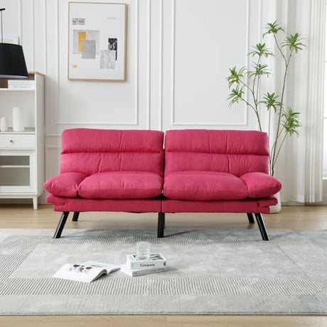 WDYLWFHW Convertible Futon Sofa Bed, Linen Folding Loveseat Couch with Adjustable Backrest and Wooden Legs,Double Sleeper Sofa Couches for Small Spaces Living Rooms Apartment Office (Rose Red) WDYLWFHW