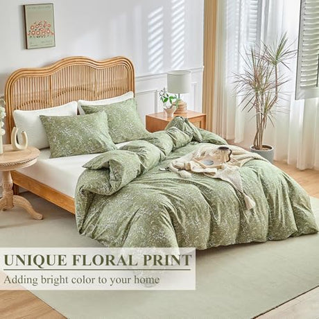 AMWAN King Size Comforter Set Olive Green 3 Pieces King Boho Floral Bedding Set, All Season King Bedding Sets with 1 Comforter and 2 Pillowcases, Soft Thick Aesthetic Comforter Sets AMWAN