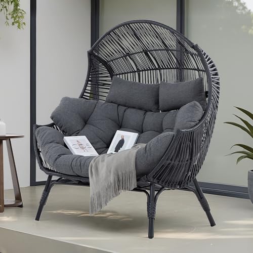 IRONCK Double Egg Chair Outdoor, 2 Person Wicker Lounge Chair, Oversized Thickened Padded Cushions and Headrests, 680 Lbs Egg Loveseat for Indoor, Patio, Living Room, Porch, Balcony, Dark Grey IRONCK