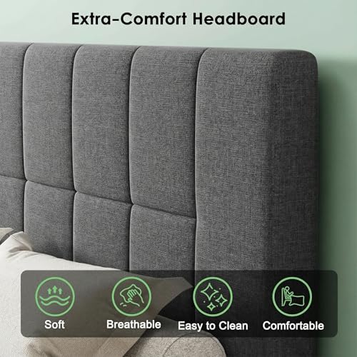 Marsail Full Bed Frame with 2 Storage Drawers - Upholstered, Adjustable Headboard,6"-12" Mattress Fit, 1300 lbs Capacity, 12-Leg Sturdy Wood Construction, Dark Gray Marsail