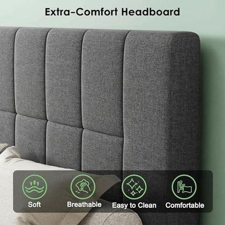 Marsail Full Bed Frame with 2 Storage Drawers - Upholstered, Adjustable Headboard,6"-12" Mattress Fit, 1300 lbs Capacity, 12-Leg Sturdy Wood Construction, Dark Gray Marsail