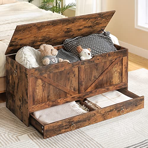 HOOBRO Storage Chest, Storage Trunk with Drawer, Wooden Storage Bench, Sturdy Entryway Bench Supports 220 lb, Shoe Bench, Safety Hinge, U-Shaped Opening, Easy Assembly, Rustic Brown FG710CW01