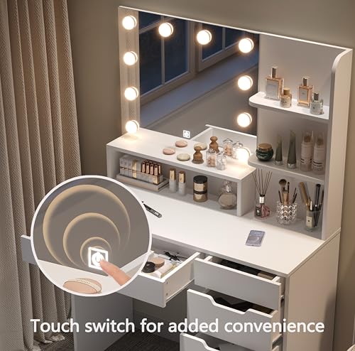 Diwnnue Vanity Desk with LED Lighted Mirror, Makeup Vanity Table Set with 6 Drawers, Adjustable Lights, Hidden Wiring, Dressing Table for Bedroom, White Diwnnue