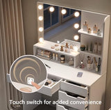 Diwnnue Vanity Desk with LED Lighted Mirror, Makeup Vanity Table Set with 6 Drawers, Adjustable Lights, Hidden Wiring, Dressing Table for Bedroom, White Diwnnue