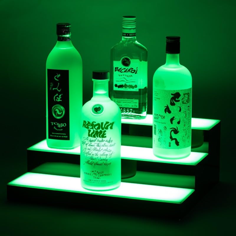Boss Premium® BarUSA™ LED Lighted Bar Shelf Display Liquor Bottle Alcohol Whiskey Shelves Rack Stand Tray Units for Home Bar Living Room Accessories and Decor - Designed in USA (3-Step, 16 Inch) Boss Premium