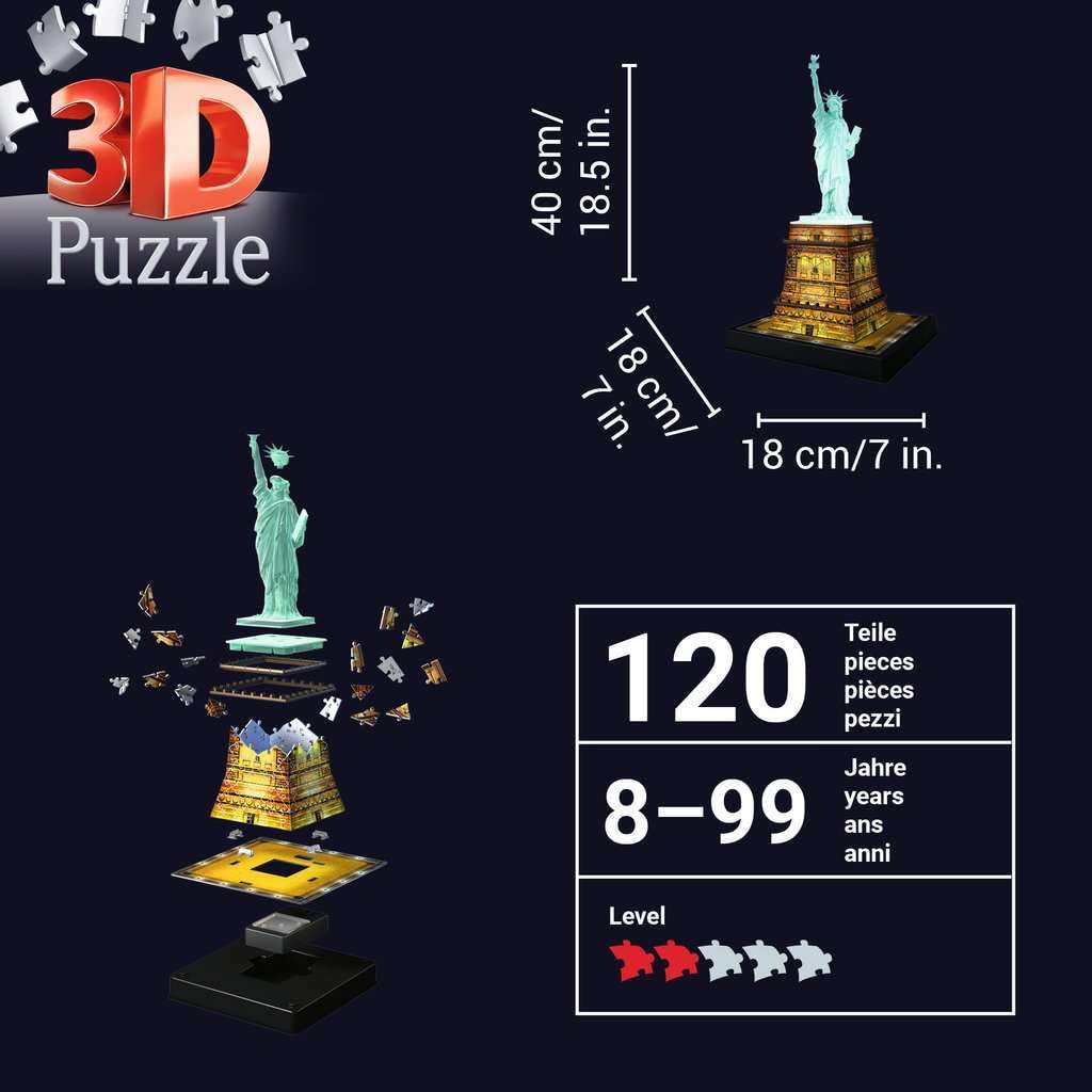 Ravensburger Statue of Liberty Night Edition - 108 Piece 3D Jigsaw Puzzle for Kids and Adults | Precision Fit with Easy Click Technology | Durable Display Piece | Over a Century of Quality Ravensburger