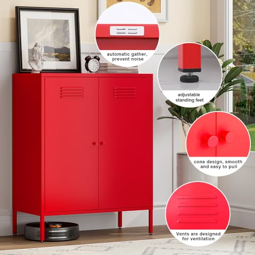 LINGZOE Red Metal Locker Storage Accent Cabinets with 2 Adjustable Shelves, 3 Tier Metal Storage Cabinet with Legs, Steel Cupboard Lockers for Kids Bedroom, Home, Office, Entryway, Kitchen LINGZOE