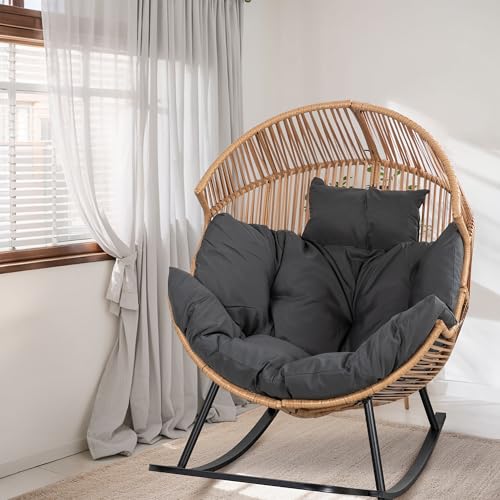 Shintenchi Wicker Egg Chair,Oversized Outdoor Indoor Rocking Chair,Large PE Rattan Rocking Chair with Cushion for Patio, Balcony, Backyard, Garden,Deep Grey Shintenchi