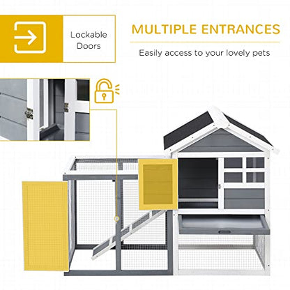 PawHut 48" Wooden Rabbit Hutch Bunny Cage with Waterproof Asphalt Roof, Fun Outdoor Run, Removable Tray and Ramp, Grey - WoodArtSupply