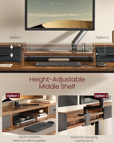 VASAGLE Electric Standing Desk with Drawers, 47.2 x 23.6 Inches, Sit Stand Desk with Power Outlet and LED Lights, Adjustable Height, Storage Shelf, 3 Memory Buttons, for Home Office, Rustic Brown VASAGLE
