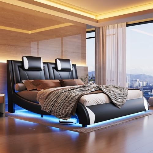 Jocisland LED Queen Bed Frame, Modern Faux Leather Upholstered Platform Bed Frames with Headrest Headboard, Low Profile Bed with Wave-Like Curve Design, No Box Spring Needed, Easy Assembly, Black Jocisland