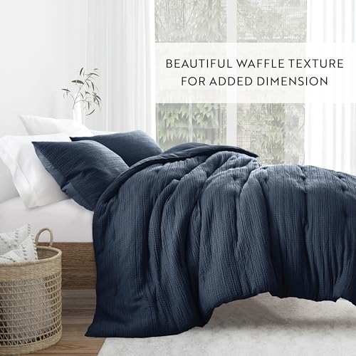 Merit Linens Waffle Textured 3 Piece Comforter Set All Season Down-Alternative Ultra Soft Bedding - Full/Queen Navy Merit Linens