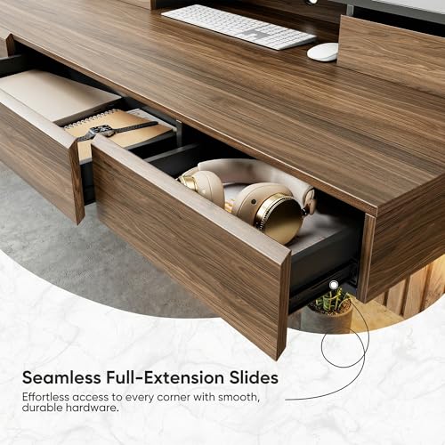 ErGear Electric Standing Desk with 5 Solid Wood Drawers, 48 x 26 Inches Whole Piece Desktop, with Desktop Riser Stand, Compatible with C-Clamp Monitor Arms, Modern Office Desk, Dark Walnut ErGear