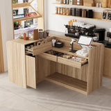 FAMAPY 70.9" L-Shape Reception Desk with Open Display Shelving, 2 Drawers & Cabinets, Modern Reception Counter for Shop Oak 70.9”W x 47.2”D x 39.4”H FAMAPY