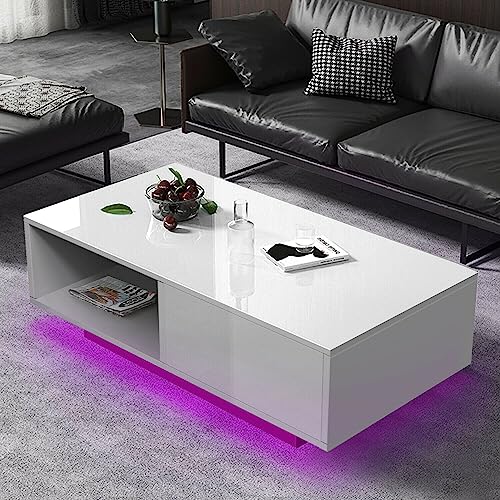 COSVALVE Modern White LED Coffee Tables for Living Room with Drawer & 16-Color LED Lights, Rectangle Living Room Sofa Table with Ample Storage Space(23.6" D x 43.3" W x 15.7" H) COSVALVE