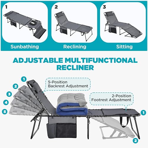 Yaheetech 5 Position Folding Tanning Chair, Outdoor Chaise Lounge Chair with Pad for Beach Patio Poolside Lawn(Gray)