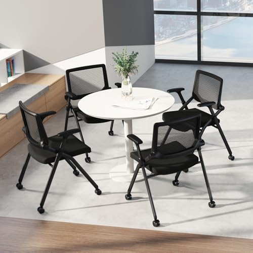 FYLICA Foldable Office Chair with PU Wheels and Smooth Armrest-Ergonomic Mesh Bouncing Back, Stackable Conference Room Chair, Office Guest & Reception & Meeting Chair (Black)