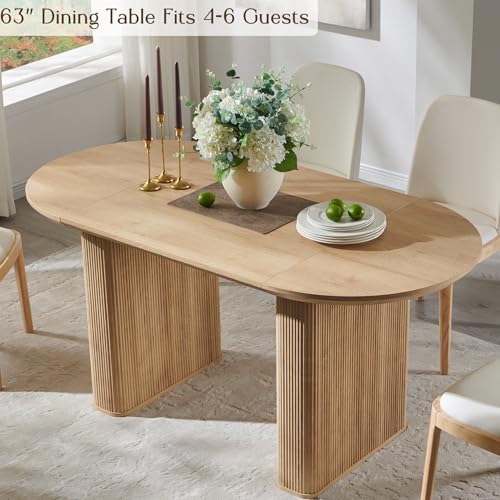 T4TREAM 63" Fluted Oval Dining Table for 4-6, Mid-Century Modern Kitchen Table with Thickened Edge & Strip Pedestal Base, Wood Luxury Table for Dining Room/Kitchen/Home Office,Natural Oak(Table Only) T4TREAM