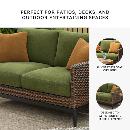 Signature Design by Ashley Horizon Hall Vintage Outdoor Weather Resistant Resin Wicker Loveseat with Cushion and 2 Accent Pillows, Green & Dark Brown Signature Design by Ashley