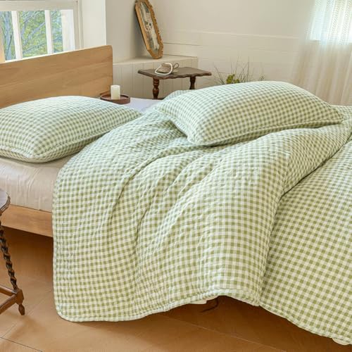 Sage Green Gingham Queen Quilt Set, Soft Pre-washed Microfiber Green Plaid Queen Bedspread, Lightweight Checked Summer Quilt, Grid Bedding Coverlets for All Seasons (Includes 1 Quilt, 2 Pillow Shams) NSNLGSGC