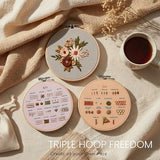 nevora shop 3 Hoop Embroidery Kit for Beginners Adults - Learn 32 Stitches with 3 Progressive Projects, Stamped Patterns, Video Tutorial & Free Organizer Bag.
