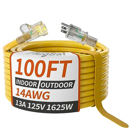 PlugSaf 14/3 Gauge Yellow Outdoor Extension Cord 100 ft Waterproof with Lighted Indicator, Cold Weatherproof -40°C, Flexible 3 Prong Extension Cord Outside,13A 1625W 14AWG SJTW, ETL Listed PlugSaf