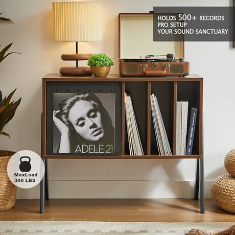 Record Player Stand with Vinyl Storage Cabinet, 32'' Mid Century Modern Turntable Console Table for Albums Display, Heavy-Duty Media Audio Bookshelf for Speakers & Stereo, Black Walnut Wood FurnPulse