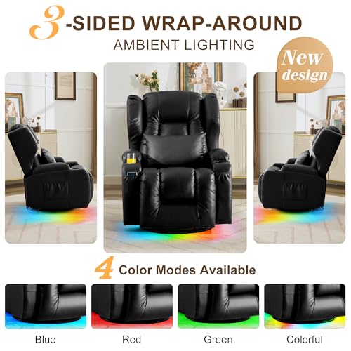 DRMBOOK Dual Motor Power Swivel Rocker Recliner Chairs, Electric Wall Hugger Reclining Sofa with Massage & Heat, Comfy Theater Seating with LED Light/USB/Type-C Ports (Leather Black, Set of 2)