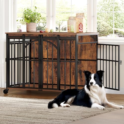 Hzuaneri 37.4" Dog Crate Furniture with Wheels, Wooden Pet Cage Indoor with Barn Door, L Dog Kennel Heavy Duty, Decorative Pet Crate for Small/Medium Dogs, End Table TV Stand, Rustic Brown DFC86201B Hzuaneri