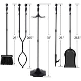 AMAGABELI GARDEN & HOME 5 Pcs Fireplace Tools Sets Black Handle Wrought Iron Large Fire Tool Set and Holder Outdoor Fireset Fire Pit Stand AMAGABELI GARDEN & HOME