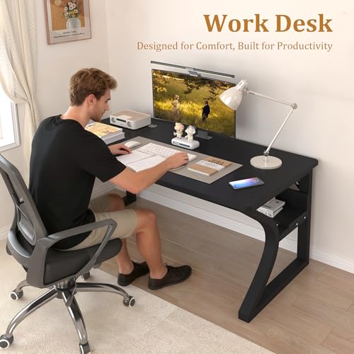 StarGraph Computer Desk 47'' Large Home Office Desk with Sturdy Metal Frame U Shaped Modern Computer Desks with Storage Study Writing Office Work from Home Desks (Black, 47 inch) StarGraph