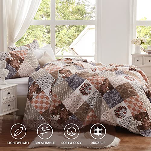 LEAONME 2 Pieces Twin Size Quilt Set Lightweight Brown Floral Bedspread 68x86 Inch Soft Patchwork Coverlet Warm Microfiber Bed Cover for All Seasons (1 Quilt,1 Pillow Sham) LEAONME