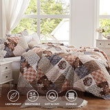 LEAONME 2 Pieces Twin Size Quilt Set Lightweight Brown Floral Bedspread 68x86 Inch Soft Patchwork Coverlet Warm Microfiber Bed Cover for All Seasons (1 Quilt,1 Pillow Sham) LEAONME