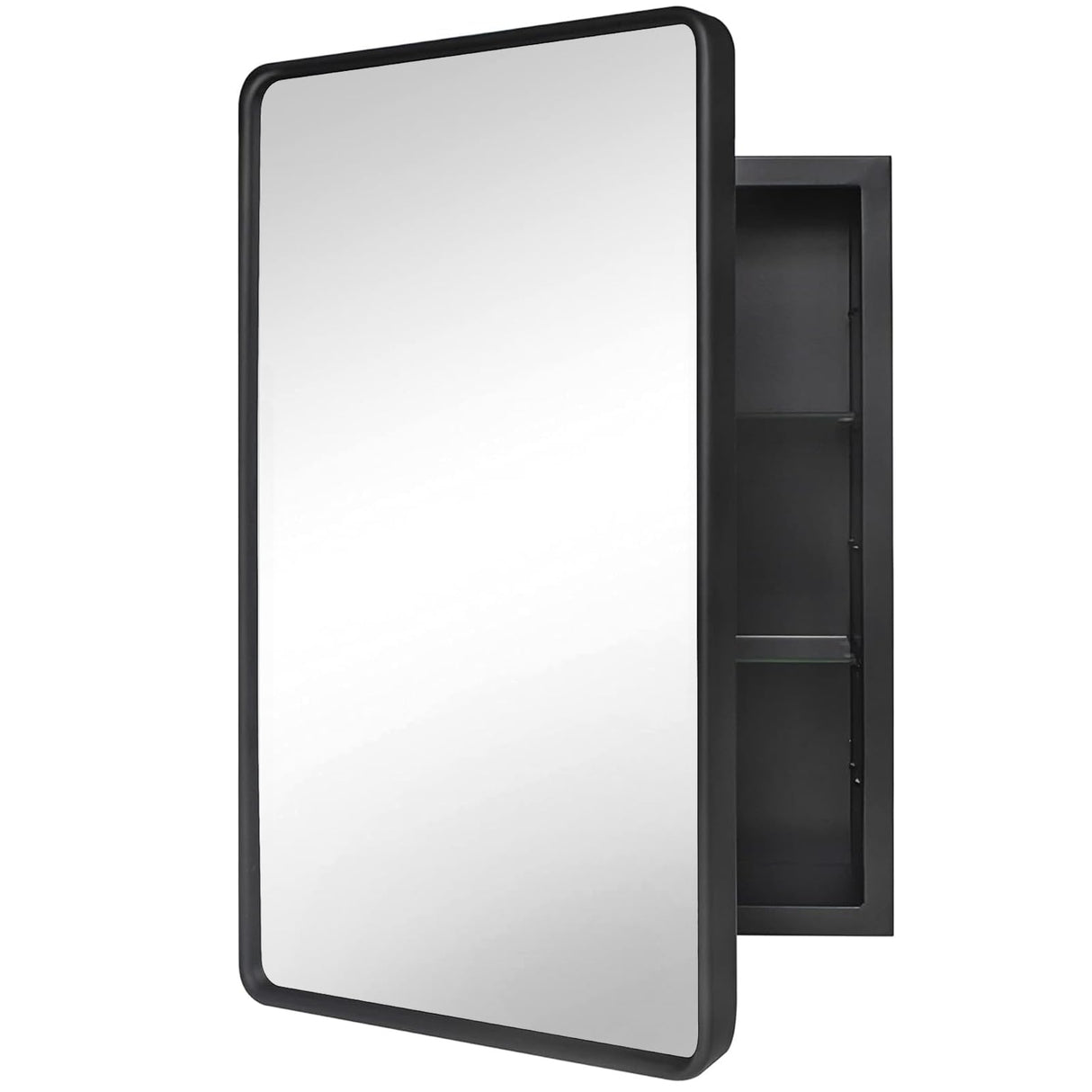 MEETDH 18"x26" Medicine Cabinet Mirror, Black Bathroom Cabinet with Mirror Wall-Mounted or Recessed, Bathroom Vanity Mirror with Storage, Solid Metal Frame, Adjustable Glass Shelves MEETDH