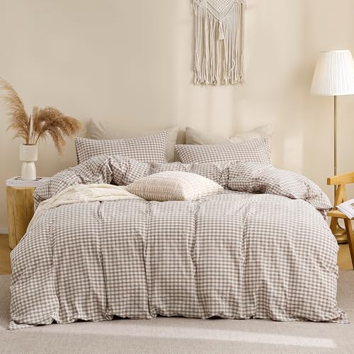 TOCOMOA Tan Gingham Duvet Cover Bedding Set 100% Washed Cotton Like Linen Feel Super Soft Comfy 3 Piece Brown Vintage Plaid Checkered Fall Comforter Cover Set (Full 80"x90", Comforter Not Included) TOCOMOA