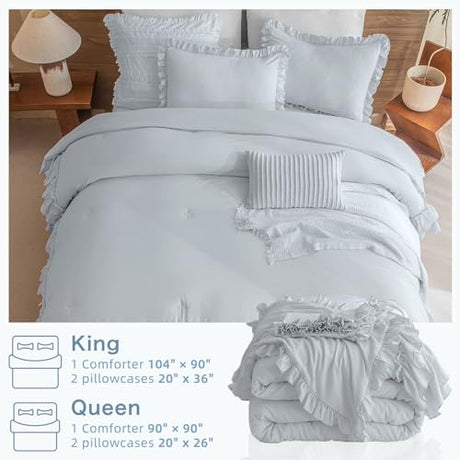 Masaca Ruffled Comforter Set for Queen Bed,3 Pieces Vintage Farmhouse Shabby Bedding Set Lightweight Ultra Soft French Country Bedding (1 Cornflower Blue Comforter +2 Pillowcases) Masaca