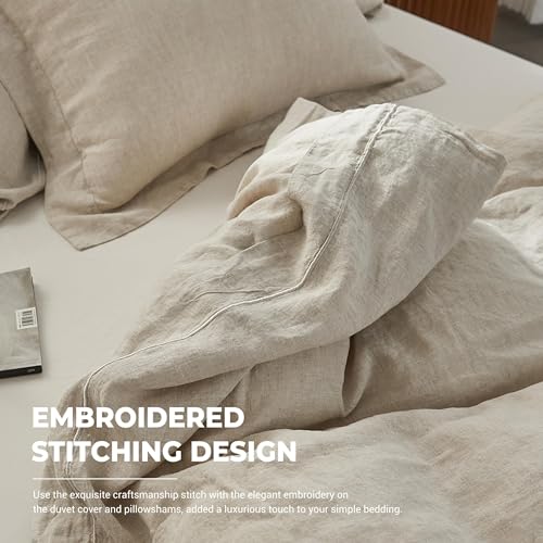 Simple&Opulence 100% Washed Linen Duvet Cover Set with Embroidered,3 Pieces Soft Farmhouse Comforter Set with Button Closure,1 Duvet Cover and 2 Pillowshams(King,Natural Linen) Simple&Opulence