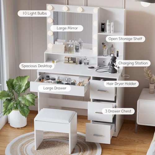 YESHOMY Vanity Desk with Mirror, Power Outlet and 10 Lights, Makeup Table with 4 Drawers, 3 Color Modes Available for Bedroom, White - WoodArtSupply