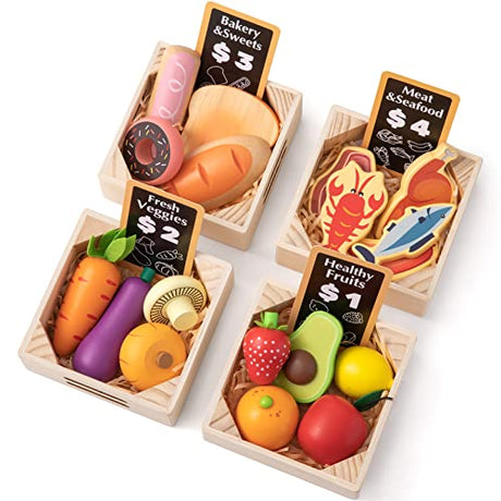 Wooden Play Food Sets for Kids Kitchen - 100% Wood 43 Pieces Kids Toy Food for Toddlers 3+ Year Old, Pretend Food Play Kitchen Accessories Set for Boys and Girls Tiny Land