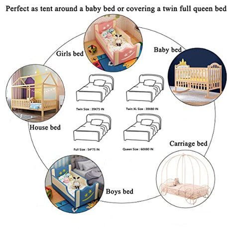 Nattey Bed Canopy with Lights for Girls,Gold Star Princess Crib Canopy Curtains,Extra Large Dome Mosquito Net Reading Nook Canopy for Kids Boys Twin Full Queen Size Bed,Fire Retardant Fabric Nattey