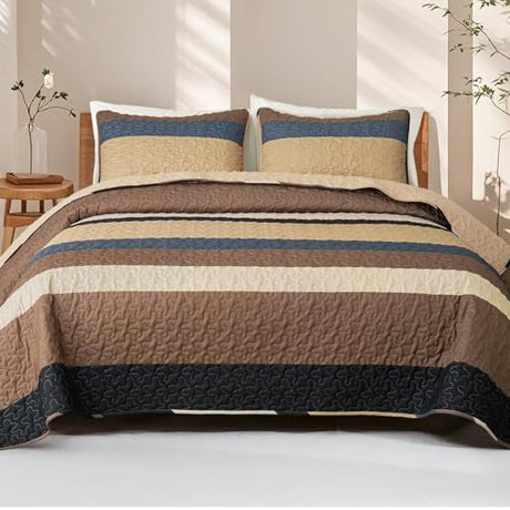 Whale Flotilla King Size Quilt Set - Reversible Camel Quilt King Size with 2 Pillow Shams, Lightweight Boho Striped Oversized Bedspreads Coverlet Bedding Set for All Seasons Whale Flotilla