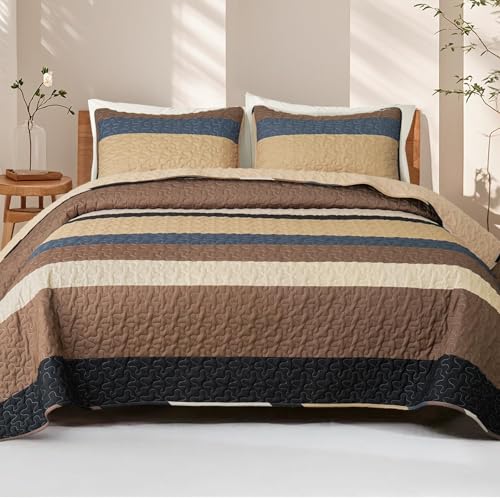 Whale Flotilla Full Queen Size Quilt Set - Reversible Camel Quilts Queen Size with 2 Pillow Shams, Lightweight Boho Striped Bedspreads Coverlet Bedding Set for All Seasons Whale Flotilla