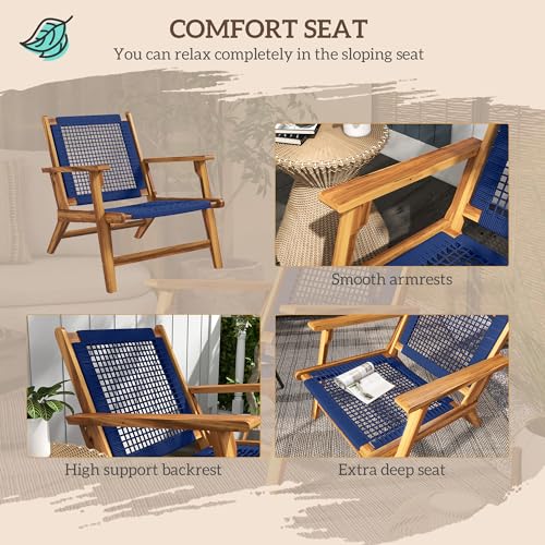 Outsunny Patio Acacia Wood Adirondack Chair, Modern Wood Fire Pit Chair with PP Rope Weave, Coconino Lounge Chair with High Backrest Support, Dark Blue - WoodArtSupply