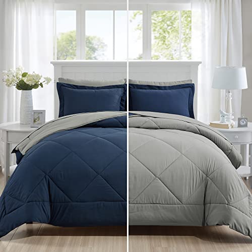 Furnishh 5 Pieces Comforter Set Twin Bed in a Bag, Reversible Bed Set with Comforter, Flat Sheet, Fitted Sheet, Pillowcase & Sham, Navy Blue and Grey Twin Size Bedding Sets for Boys, Girls Furnishh