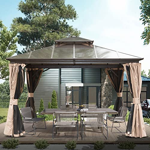 Domi 12' X 12' Hardtop Gazebo, Permanent Outdoor Gazebo with Polycarbonate Double Roof, Aluminum Gazebo Pavilion with Curtain and Net for Garden, Patio, Lawns, Deck, Backyard