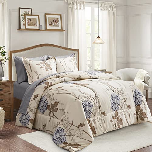 Joyreap 7 Piece Bed in a Bag California King, Flower Botanical Smooth Soft Microfiber Floral Comforter Set for All Season (1 Comforter, 2 Pillow Shams, 1 Flat Sheet, 1 Fitted Sheet, 2 Pillowcases) Joyreap